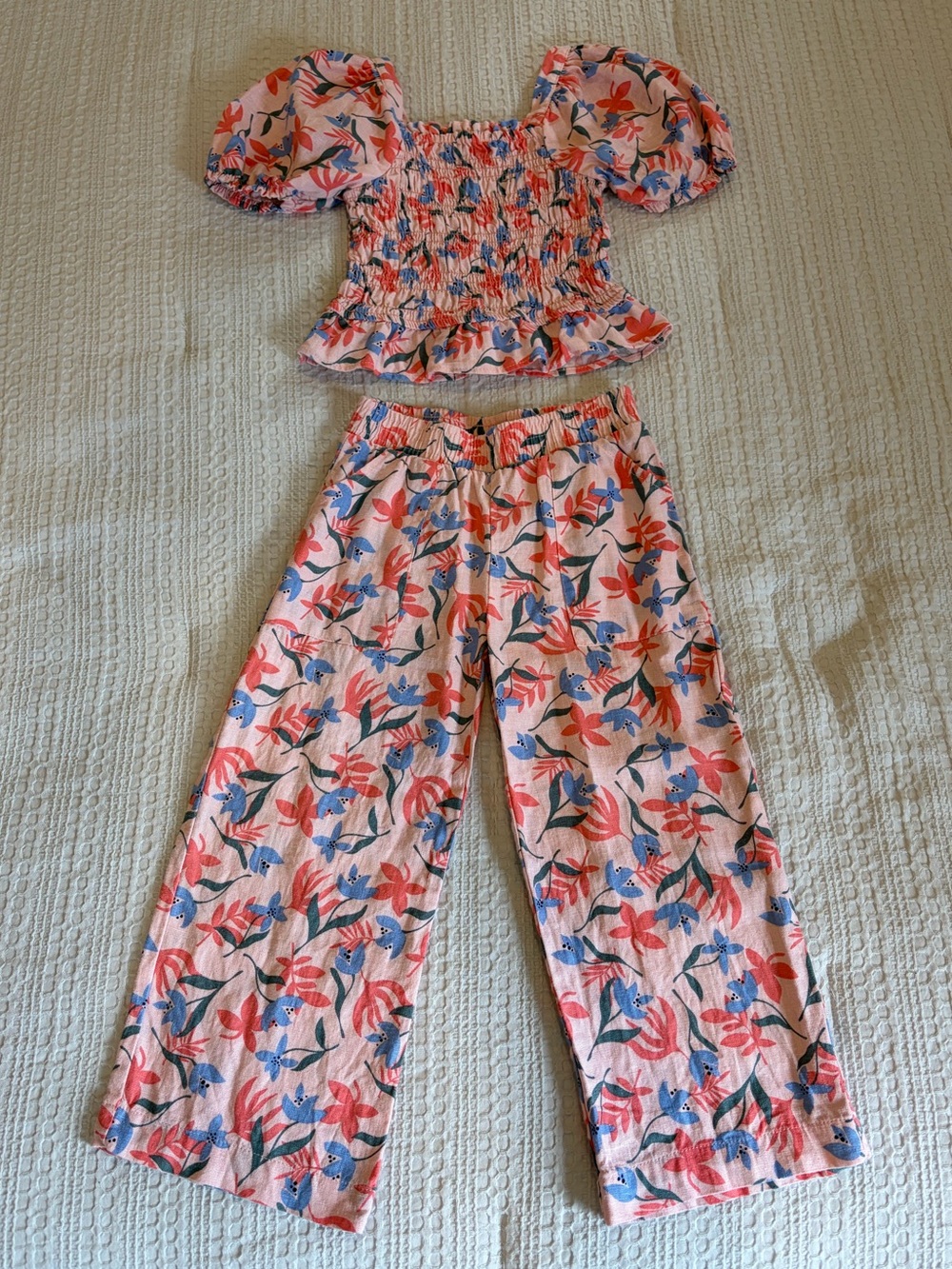 Vince Camuto Girls Pink Floral Smocked Puff-Sleeve Top Wide Leg Pants Set Size 5